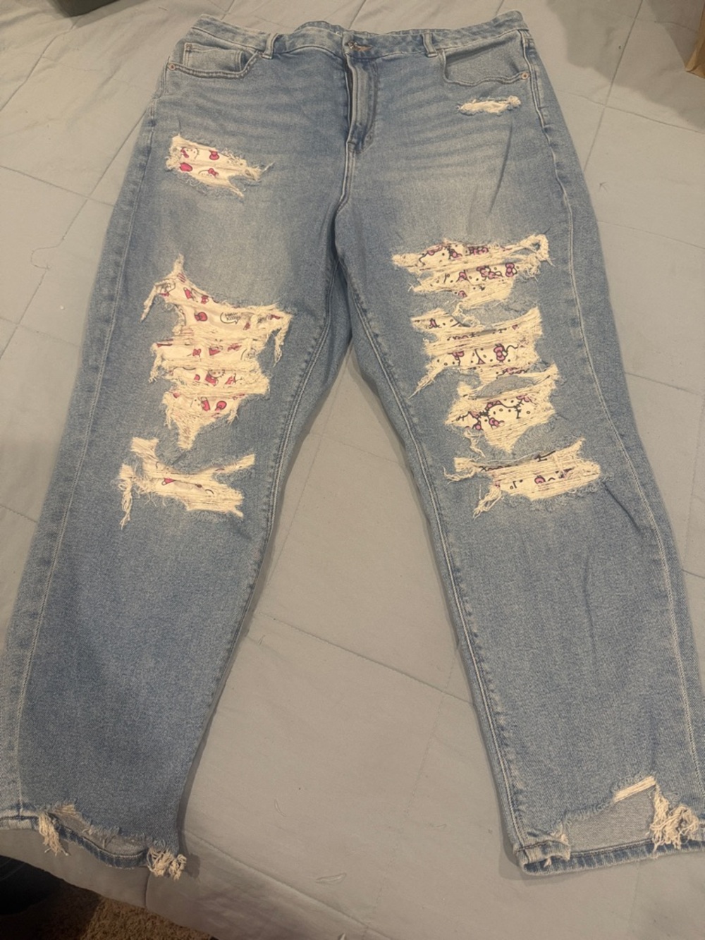 Light Blue Distressed Boyfriend Jeans with Printed Patch Insets